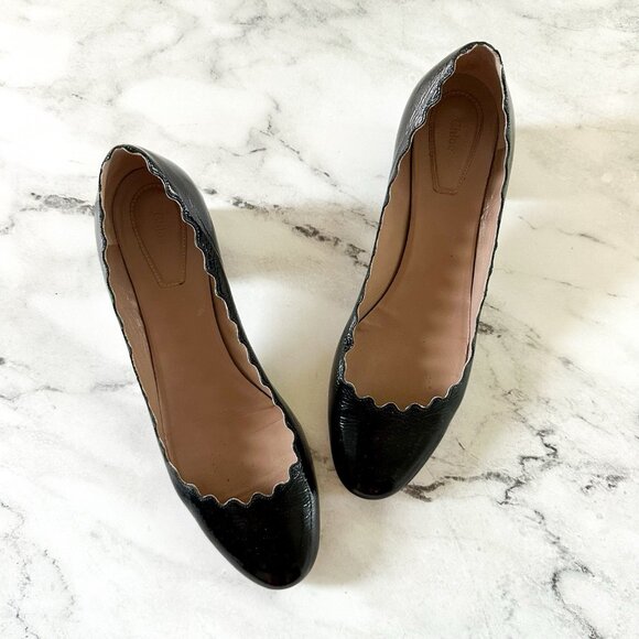 Chloe Womens Black Patent Leather Scalloped Low Block Pumps - Picture 4 of 9
